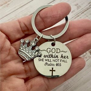 ✝️ Psalm 46:5 God Is Within Her She Will Not Fail Crown Charm Keychain